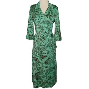 Rena Lange Floral Animal Pattern Green Collared Silk Blend Wrap Dress Small
